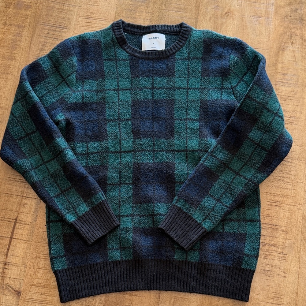 Old Navy Green and Blue Plaid Crewneck Sweater